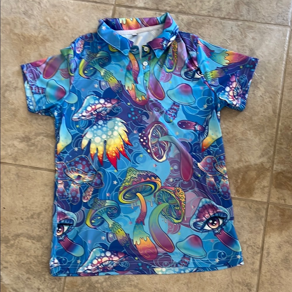 Vibrant Blue and Purple top with Artistic Swirls